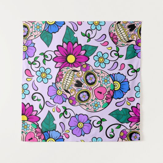 Fester Hintergrund mit Zuckerschädeln, Herz und Fl Wandteppich (Vorderseite (Horizontal))