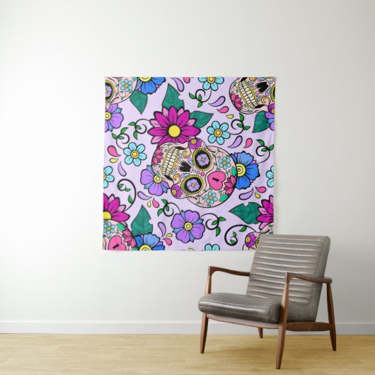 Fester Hintergrund mit Zuckerschädeln, Herz und Fl Wandteppich (Beispiel (Horizontal))