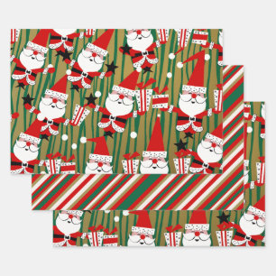 Fester Santa und Streifen Kitsch Geschenkpapier Set