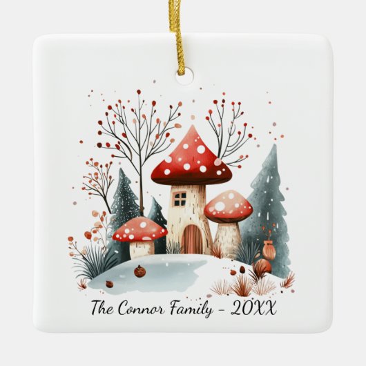 Festes Foto Wasserfarbe Winterwald Pilze Pilze Keramikornament (Vorderseite)