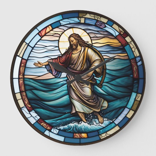 Festes Glas Jesus läuft auf der Wasserdesignuhr Große Wanduhr (Vorderseite)