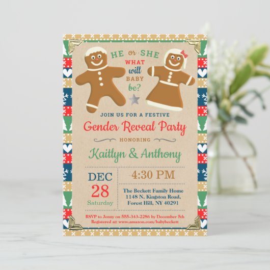 Festes Lebkuchen Weihnachtsgeschlecht Party Einladung (Stehend Vorderseite)