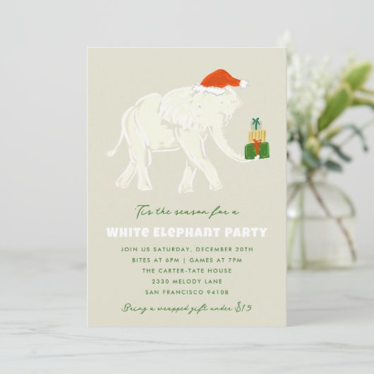 festes Weißes Elefant Party Illustriert Einladung (Stehend Vorderseite)