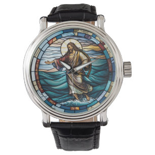 Festgehaltener Glass Jesus läuft auf Wasserdesignü Armbanduhr