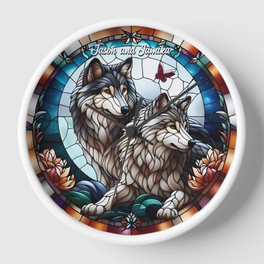 Festgehaltenes Glas Look Wolf Pair Uhr (Vorderseite)