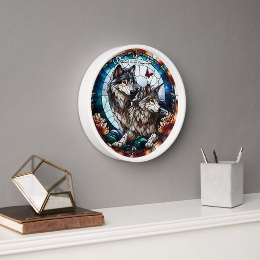 Festgehaltenes Glas Look Wolf Pair Uhr (Büro)