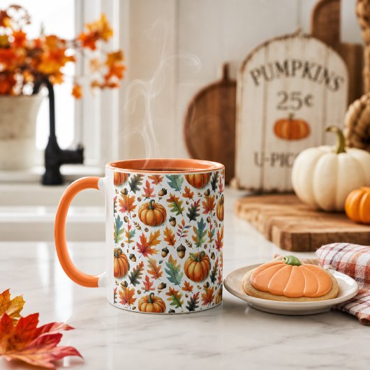 Festitive Fall Pumpkins und Blätter auf Weiß Tasse