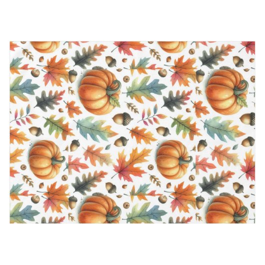 Festitive Fall Pumpkins und Blätter auf Weiß Tischdecke (Vorderseite (Horizontal))