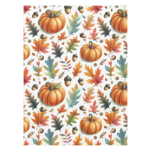 Festitive Fall Pumpkins und Blätter auf Weiß Tischdecke (Vorderseite)