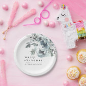 Festival Blue Florals Foliage Names Frohe Weihnach Pappteller (Party)