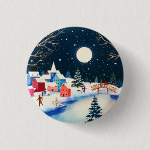 Festival Blue Winter Snow Village Button