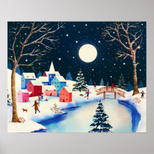 Festival Blue Winter Snow Village Poster