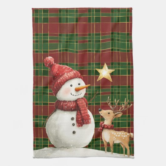 Festival Classic Red Green Gold Tartan Snowman Geschirrtuch (Vertikal)