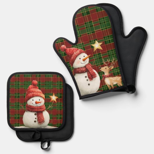 Festival Classic Red Green Gold Tartan Snowman Ofenhandschuh & Topflappen-Set (Vorderseite/Rückseite)