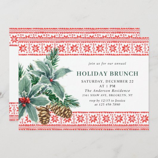 Festival Holly Berry CHRISTMAS HOLIDAY BRUNCH Einladung (Vorne/Hinten)