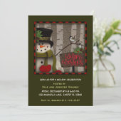 Festival Snowman Birds Birch Tree Red Green Holida Einladung (Stehend Vorderseite)