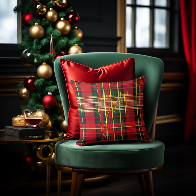 Festival Tartan "Joy" Calligraphy Decorative Kissen (Christmas Decor, Classic Christmas Tartan 'Joy' Script Decorative Throw Pillow, Red and Green )