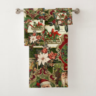 Festival Vintage Christmas Ephemera Collage Green Badhandtuch Set