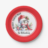 Festivalrot und Niedlicher Pinguin Frohe Weihnacht Pappteller (Vorderseite)