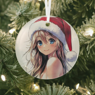 Festivals Anime Girl-Weihnachtsmannmütze mit hellb Ornament Aus Glas