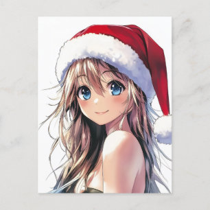 Festivals Anime Girl-Weihnachtsmannmütze mit hellb Postkarte