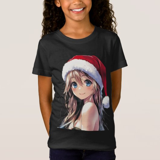 Festivals Anime Girl-Weihnachtsmannmütze mit hellb T-Shirt (Vorderseite)