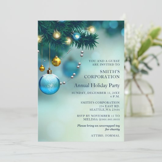 Festivals Blue Christmas Corporate Holiday Party Einladung (Stehend Vorderseite)