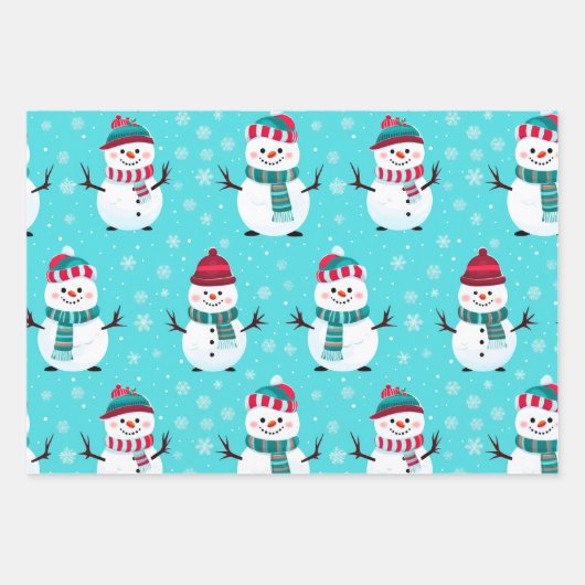 Festivals Blue Winter Wonderland Snowmen Weihnacht Geschenkpapier Set (Vorderseite)