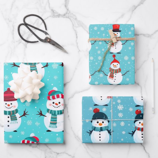 Festivals Blue Winter Wonderland Snowmen Weihnacht Geschenkpapier Set (Vorderseite)