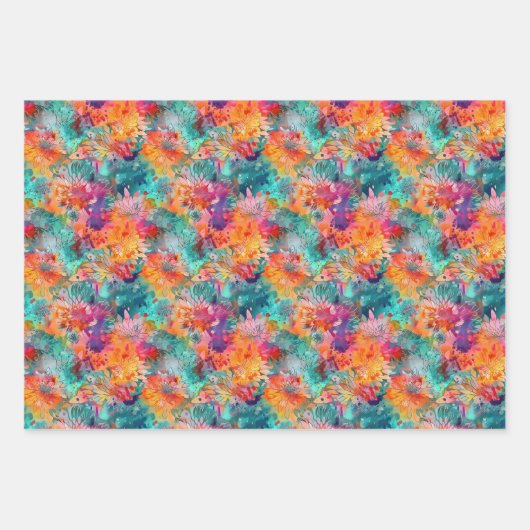 Festivals Blumenmuster - Lebhafte Blüten Geschenkpapier Set (Vorderseite)