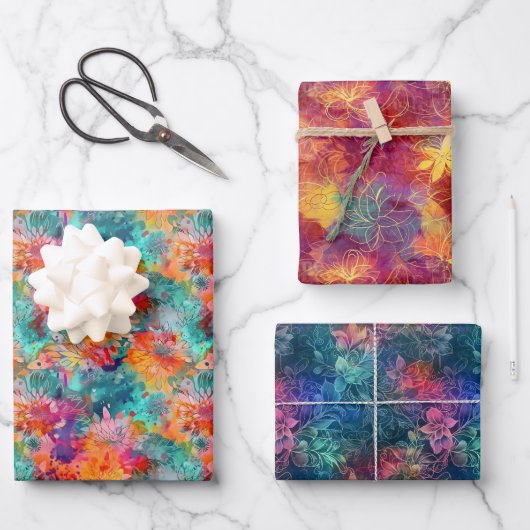 Festivals Blumenmuster - Lebhafte Blüten Geschenkpapier Set (Vorderseite)