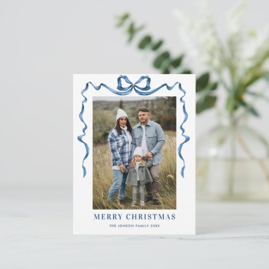 Festivals Dusty Blue Christmas Bow Ribbon 2 Foto Postkarte (Stehend Vorderseite)