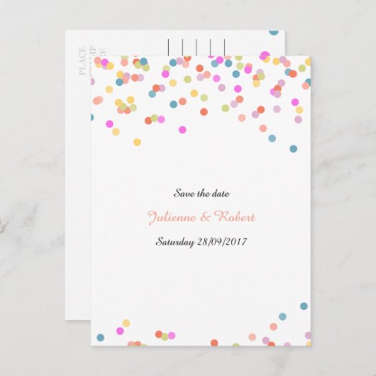 Festivals Farben Confetti Save the Date Postkarte (Vorne/Hinten)