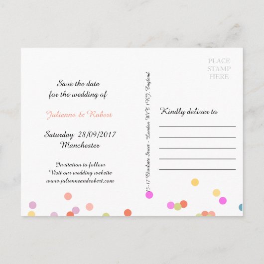Festivals Farben Confetti Save the Date Postkarte (Rückseite)