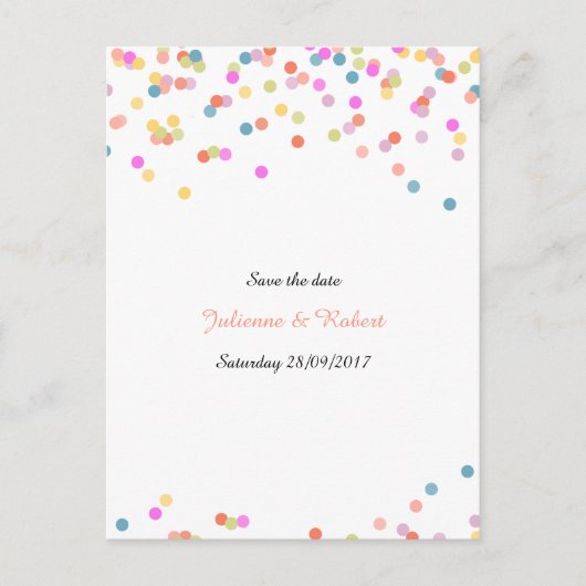 Festivals Farben Confetti Save the Date Postkarte (Vorderseite)