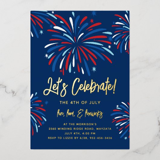 Festivals Feuerwerk 4. Juli Party Real Gold Folieneinladung (Vorderseite)
