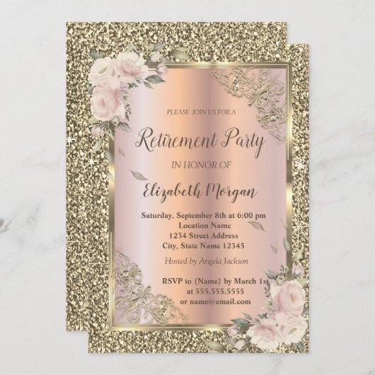Festivals Gold Rahmen, Rose, Glitzer-Rente Einladung (Vorne/Hinten)