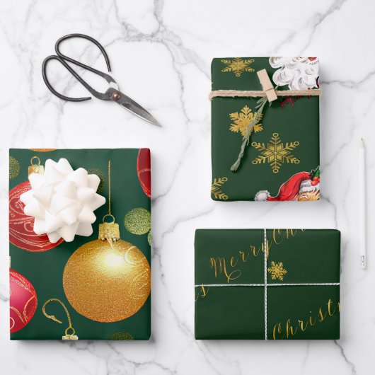 Festivals Grün und Gold Weihnachtsschrift Geschenkpapier Set (Vorderseite)