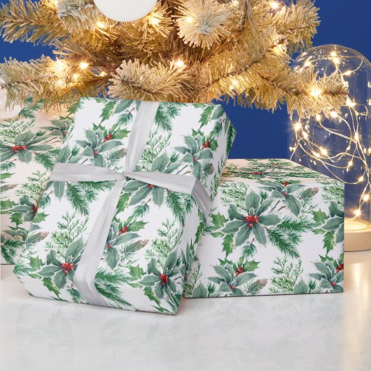 Festivals Holly Berry Watercolor Weihnachtsfeierta Geschenkpapier (Feiertage)
