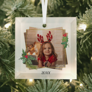 Festivals Holly & Pine mit Gold Frame Foto Ornament Aus Glas