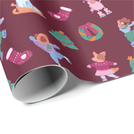 Festivals Hunde Eiskunstlauf Muster dunkelrot Geschenkpapier (Rolleneckpunkt)