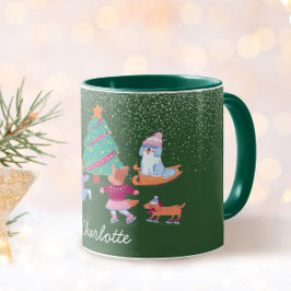 Festivals Hunde Ice Skaten Weihnachten Grün Name Tasse