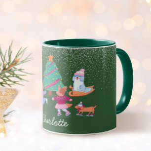 Festivals Hunde Ice Skaten Weihnachten Grün Name Tasse
