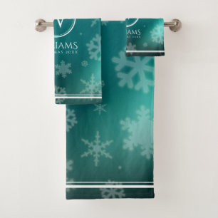 Festivals Light Blue Foil Snowflakes Monogram Name Badhandtuch Set