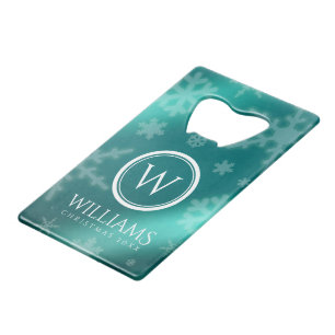 Festivals Light Blue Foil Snowflakes Monogram Name Geldbeutel Flaschenöffner