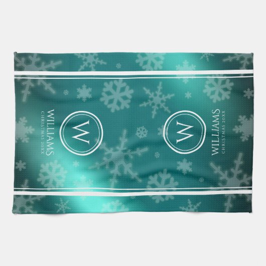 Festivals Light Blue Foil Snowflakes Monogram Name Geschirrtuch (Horizontal)