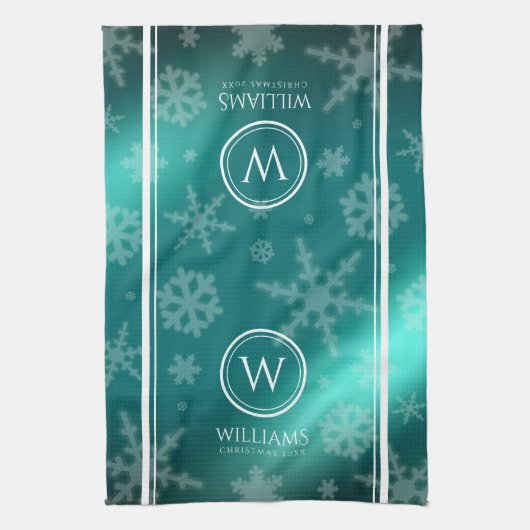 Festivals Light Blue Foil Snowflakes Monogram Name Geschirrtuch (Vertikal)