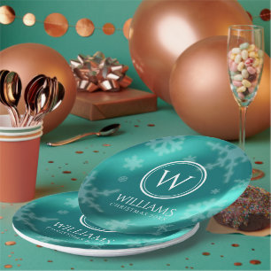 Festivals Light Blue Foil Snowflakes Monogram Name Pappteller
