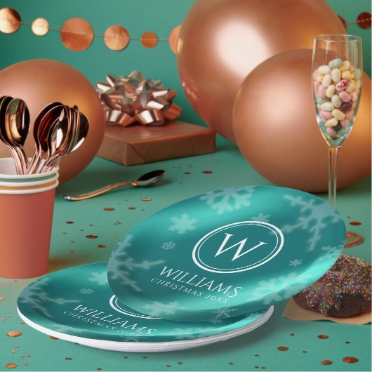 Festivals Light Blue Foil Snowflakes Monogram Name Pappteller (Multi)