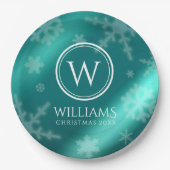 Festivals Light Blue Foil Snowflakes Monogram Name Pappteller (Vorderseite)